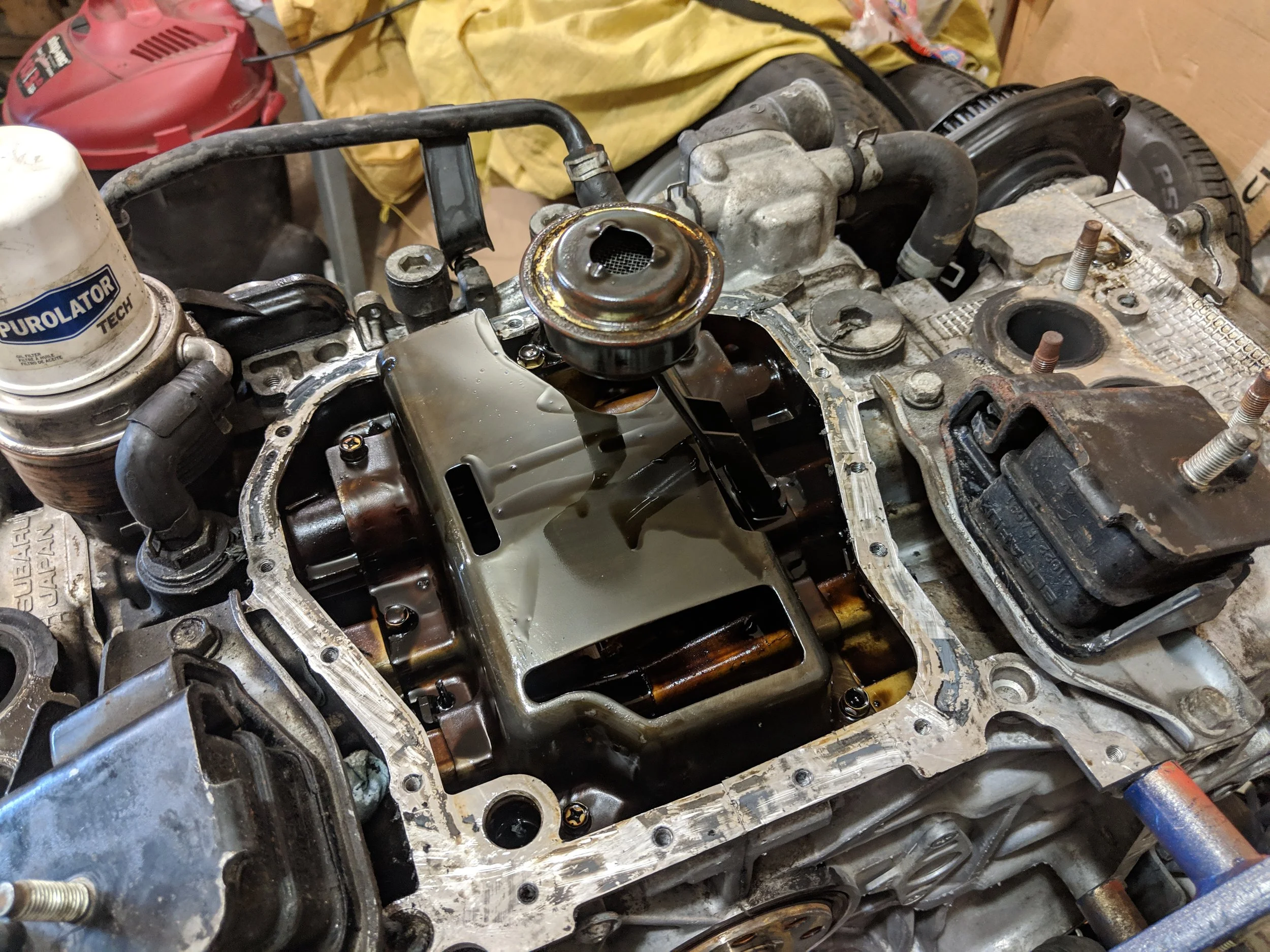 Much cleaning to do here and removal of the factory oil pickup.
