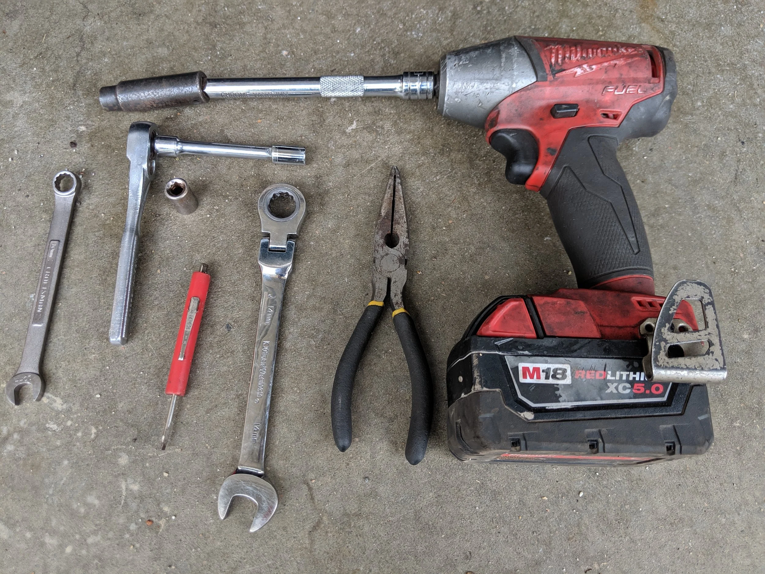 What tools do you need! These are the assorted tools that help me complete the job! An 8mm and 10mm 1/4 socket, with an extension and ratchet. A 10mm and 14mm wrench. A 10mm 3/8th socket and ratchet or impact in my case. A pair of pliers and pocket screwdriver can be helpful. Links! 3/8th ratchet Milwaukee 3/8 electric ratchet Grey pneumatic socket set Milwaukee 3/8 electric impact ATE long nose plier set Craftsman 1/4 socket set and ratchet Gearwrench 14mm ratcheting wrench