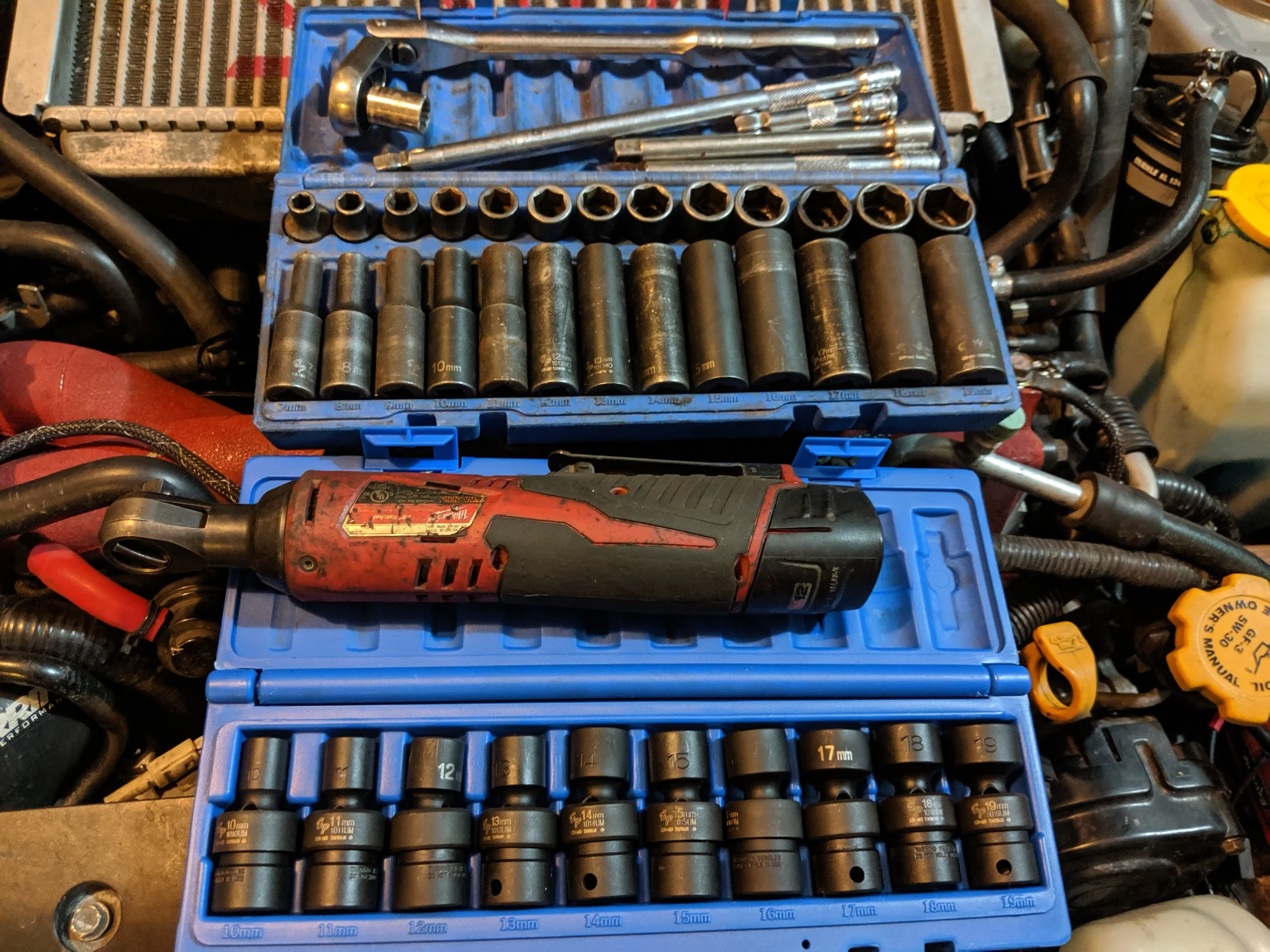 My favorite sockets always near by. Grey pneumatic wobble set and standard 3/8th set Grey penumatic 3/8ths socket set & 3/8th wobble socket set .