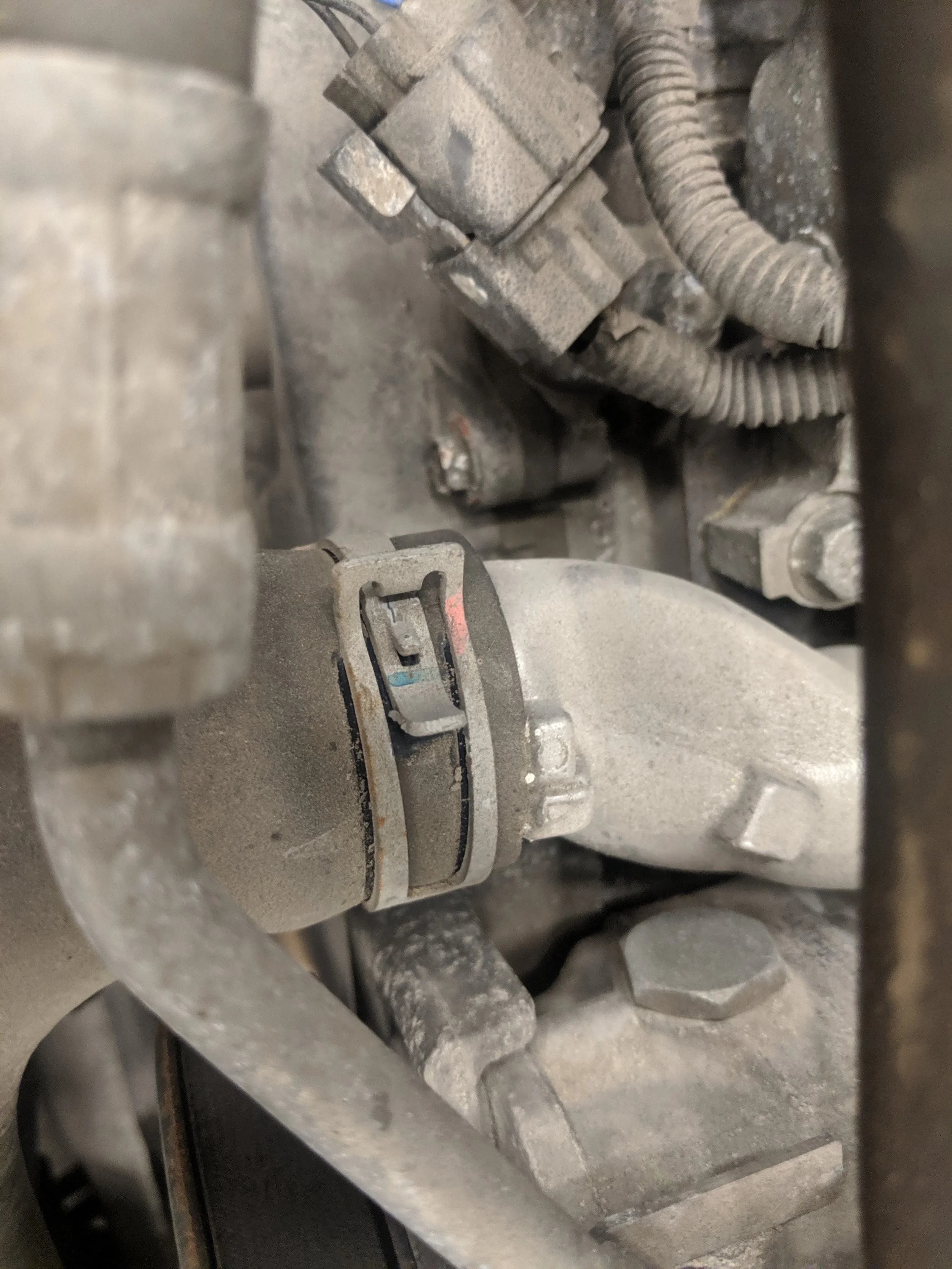 Loosen the engine side clamp to allow the hose to move easily.