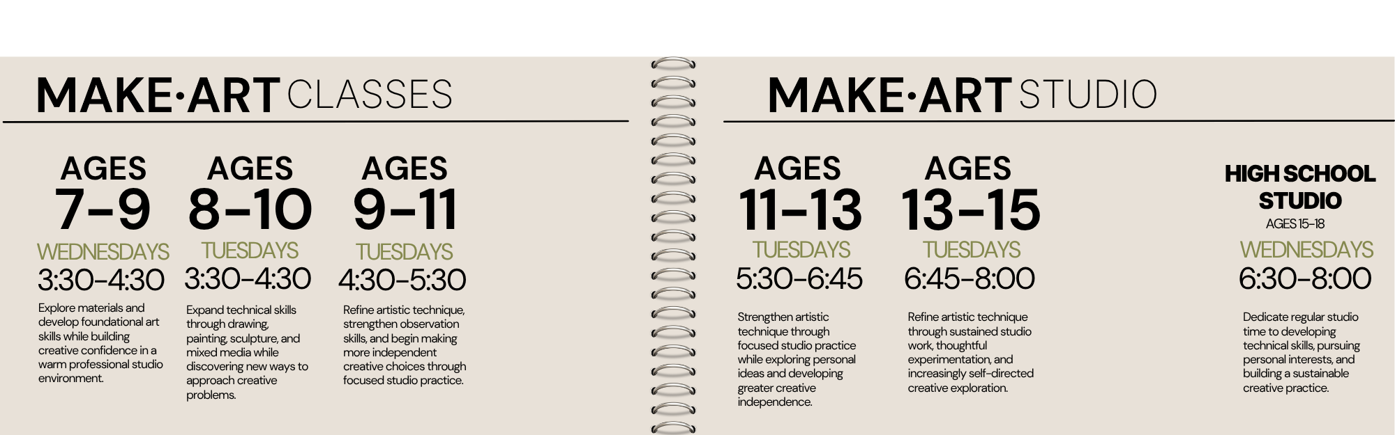 kid and teen 2026 november classes at makeart studios