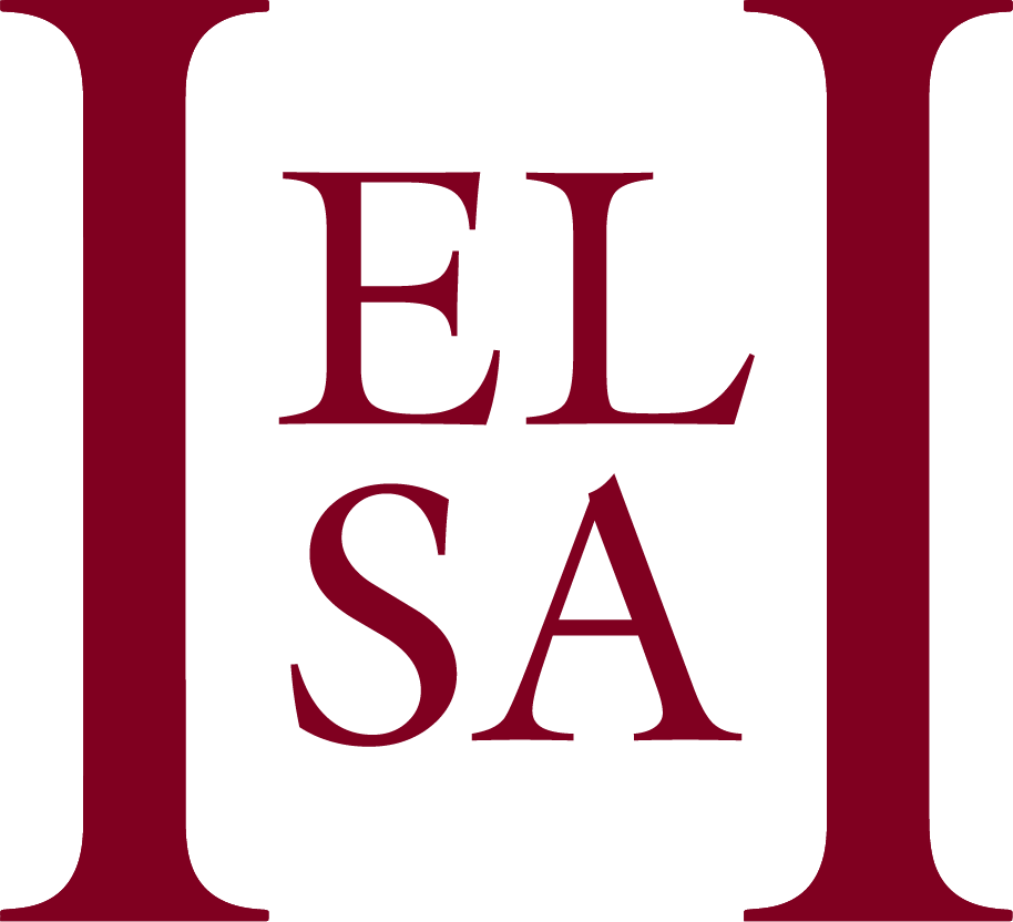Design with the letters E L S A in black on a maroon background, framed by large stylized black 'E' and 'T' shapes.