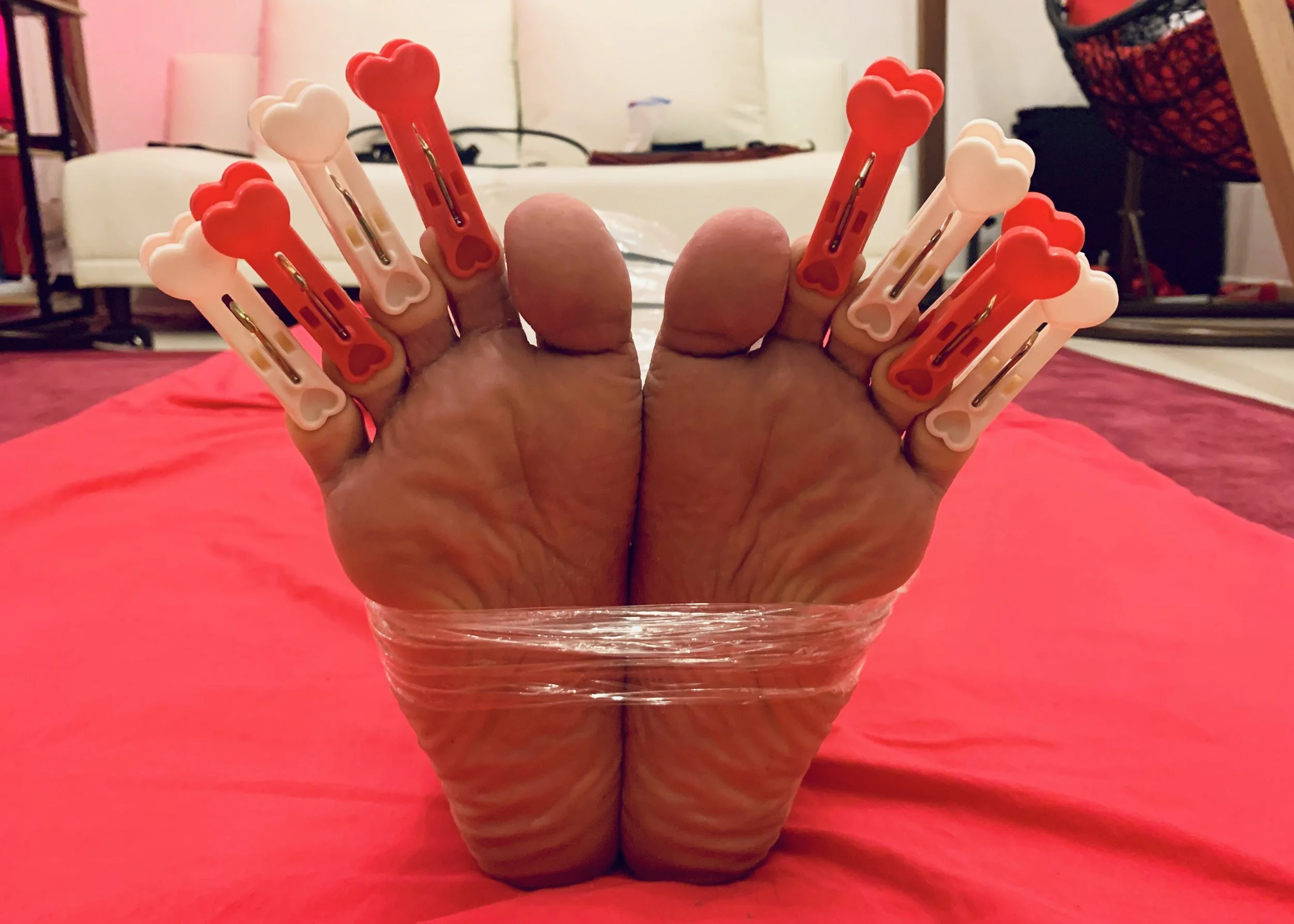 Red and white clothes pegs adorn his toes. What a patriot. ;)