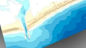 Depiction of Charlestown Breachway (RI) during a Superstorm Sandy like storm on current (2018) morphology.