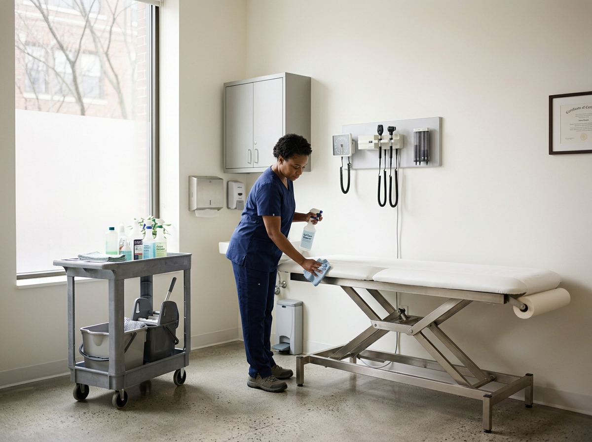Medical professional cleaning examination table in a clinic room.