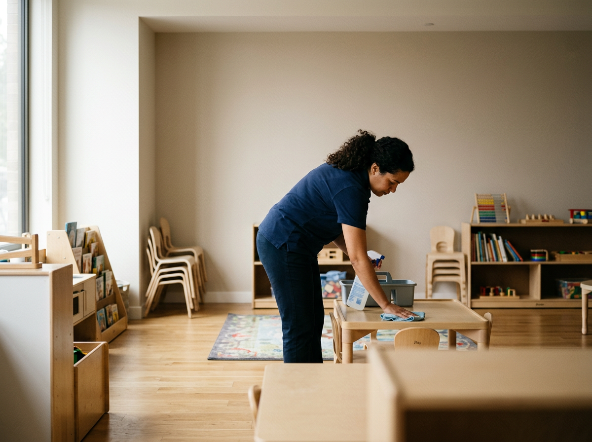 A woman cleaning a child's play table in a classroom with wooden chairs, shelves filled with books and toys, and a colorful rug.