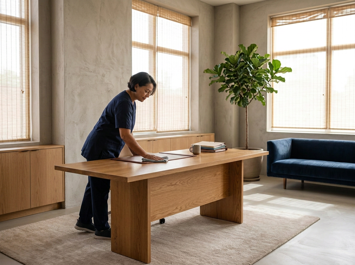 A woman in navy scrubs cleaning a wooden desk in a bright, modern office with large windows, a potted plant, and a navy sofa.