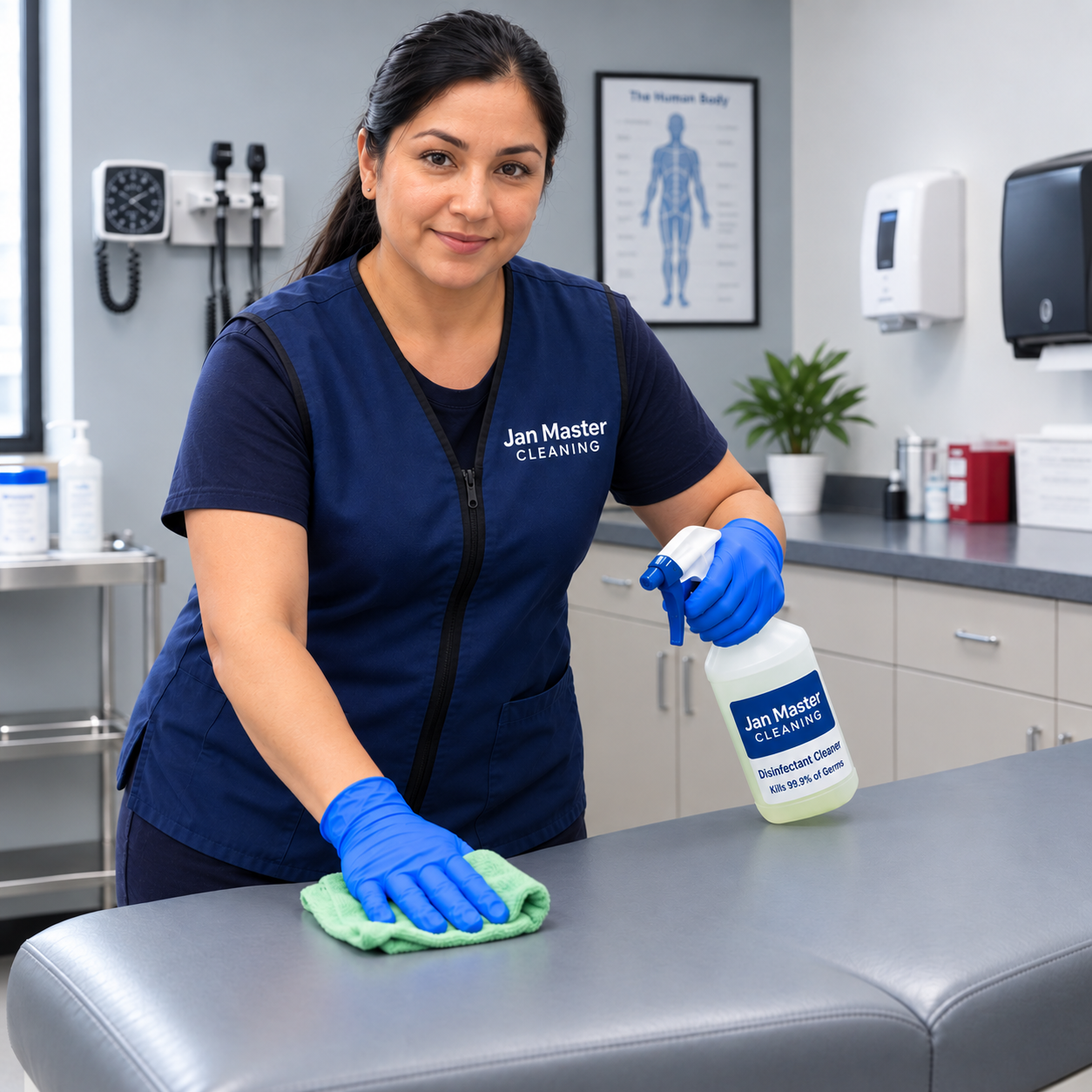 Cleaner in blue gloves disinfecting a high-touch office desk surface