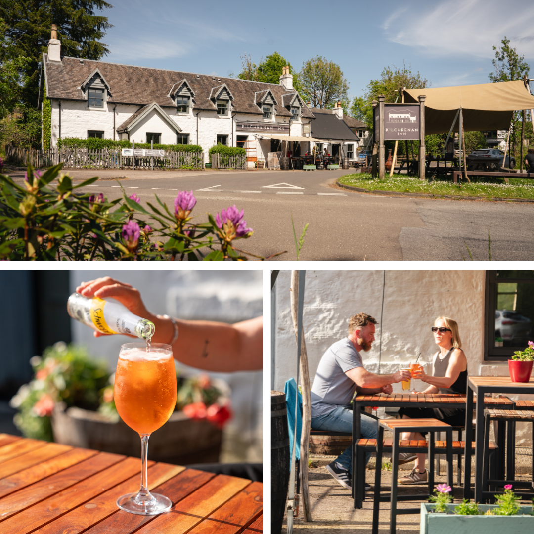 Exterior of The Kilchrenan Inn near Loch Awe alongside guests enjoying drinks on the terrace, promoting the Scottish Bank Holiday Argyll brunch buffet with local food, bubbles on arrival and all-day dining.