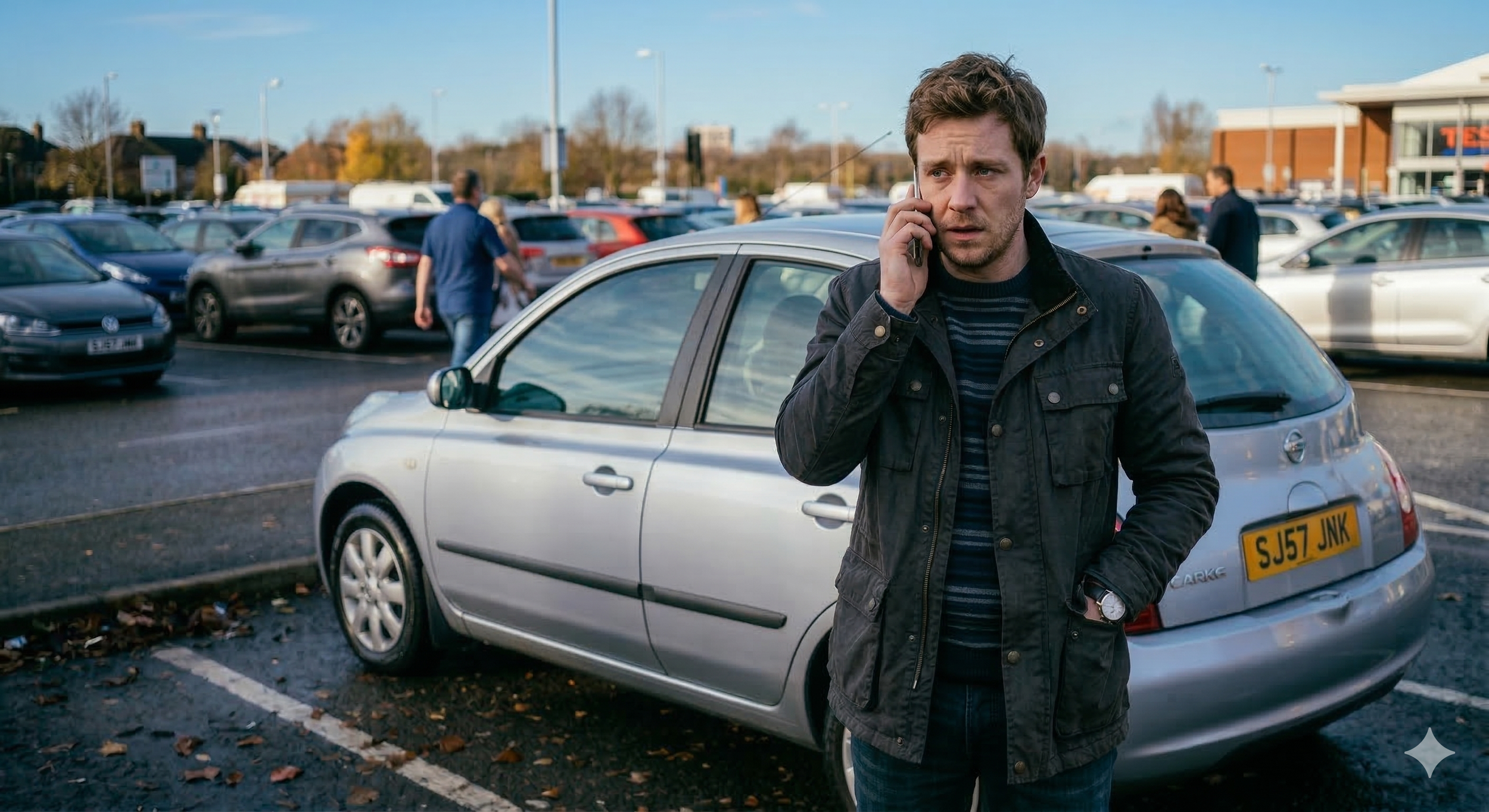 a man looking concerned on the phone trying to find his keys