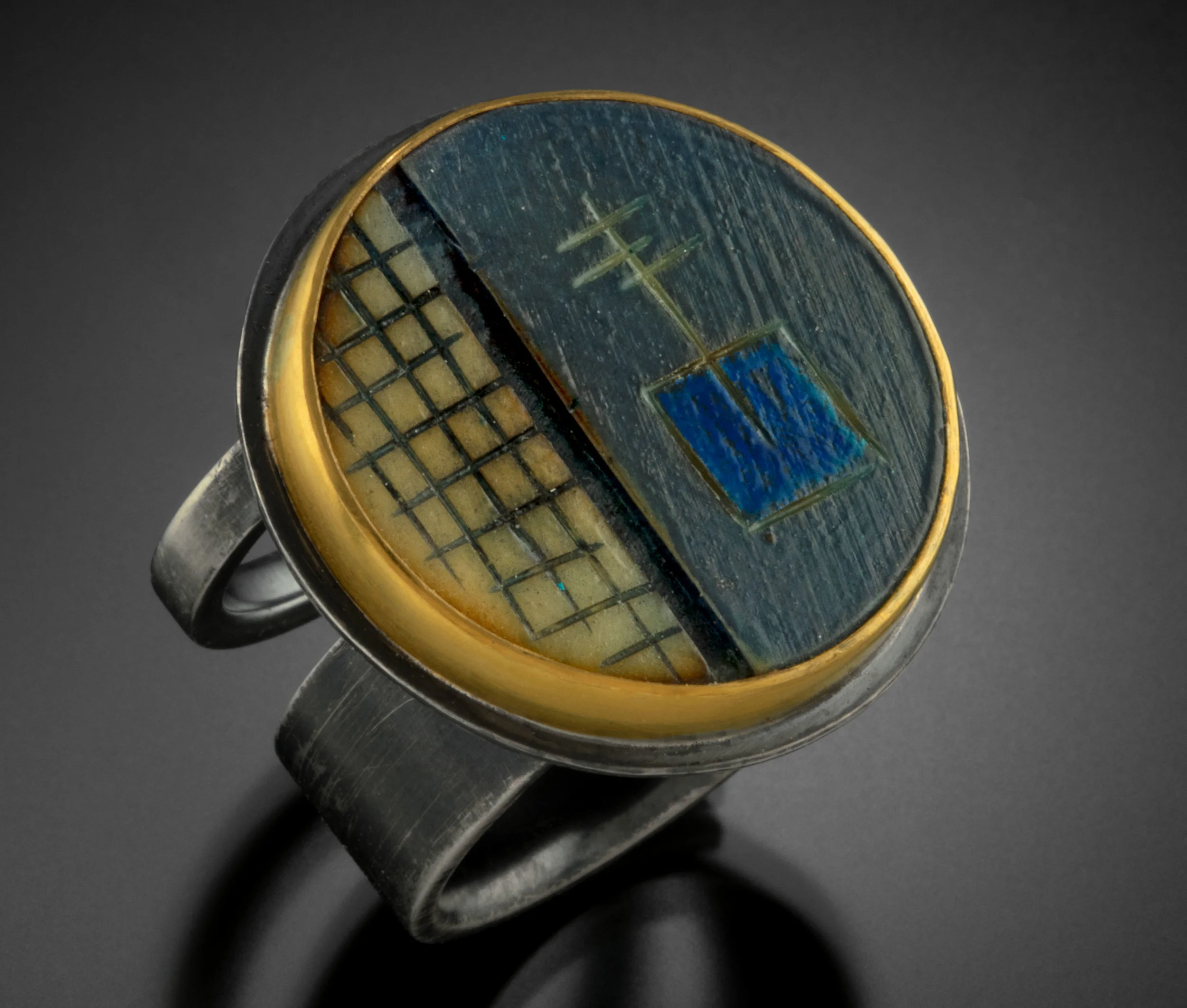Tagua Ring Set in Oxidized Sterling Silver with 22k gold bezel $620