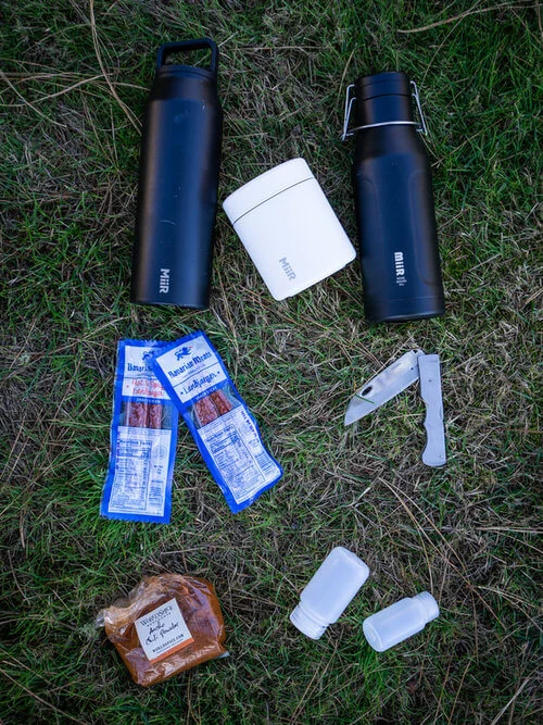 Camping backpacking Items. Bavarian Meats. Miir Bottles, World Spice Market. Naglene Bottles. AG Russell.