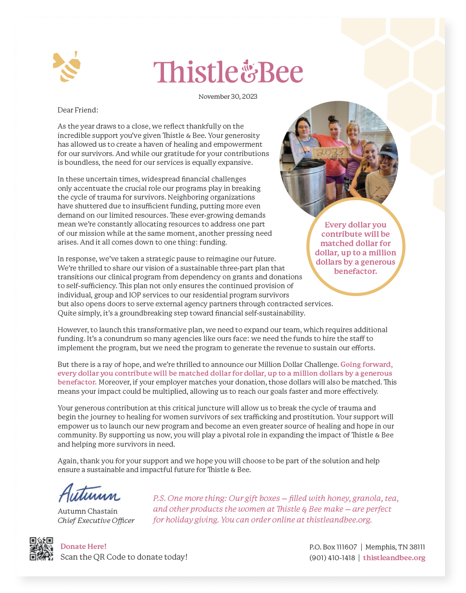 Thistle & Bee Enterprises annual giving campaign letter