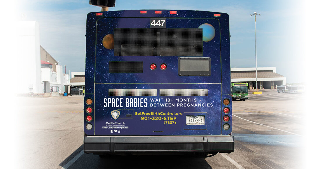 Space Babies Bus Wrap back of bus view - birth spacing concept