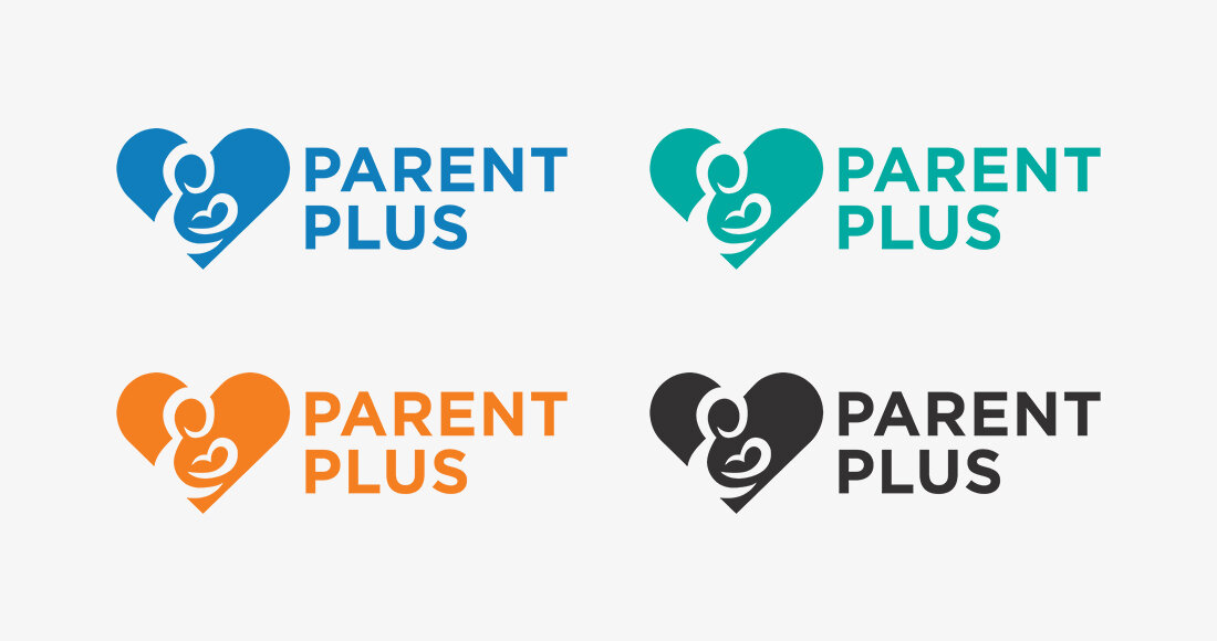 Parent Plus logos in teal, blue, black and orange