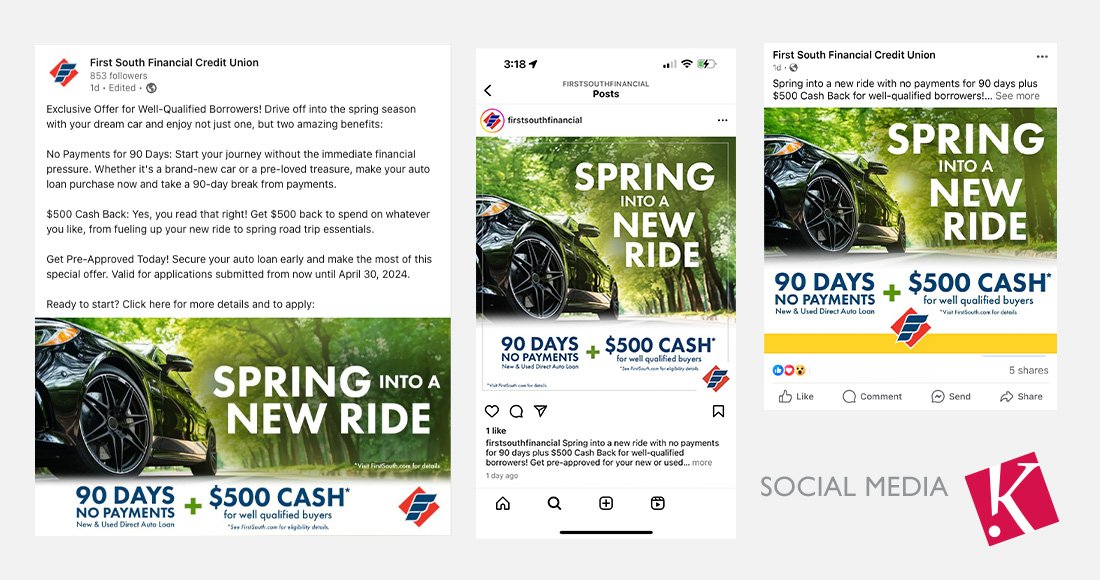 First South Financial: Auto Loan campaign: Spring Into A New Ride: Organic Social Media