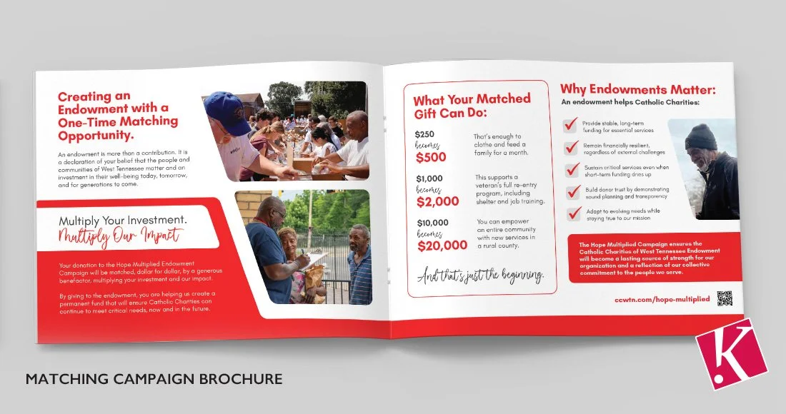 Catholic Charities of West Tennessee Hope Multiplied Endowment Campaign Brochure Inside spread mockup showing infographics