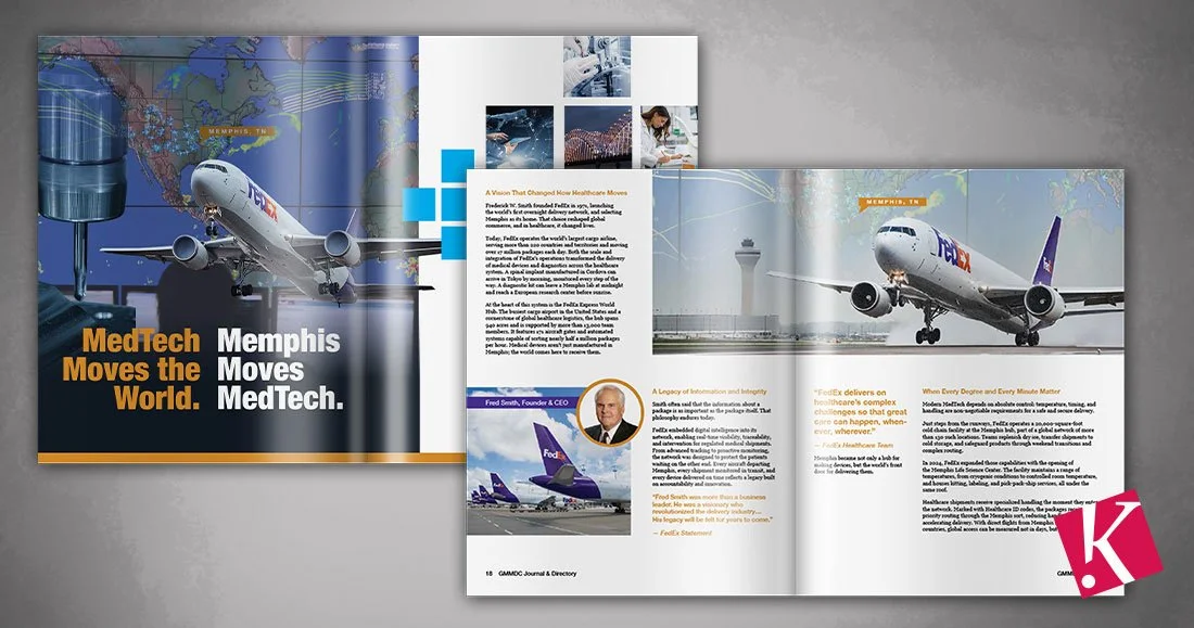 Greater Memphis Medical Device Council Journal &amp; Membership Directory FedEx article first two spreads mockup