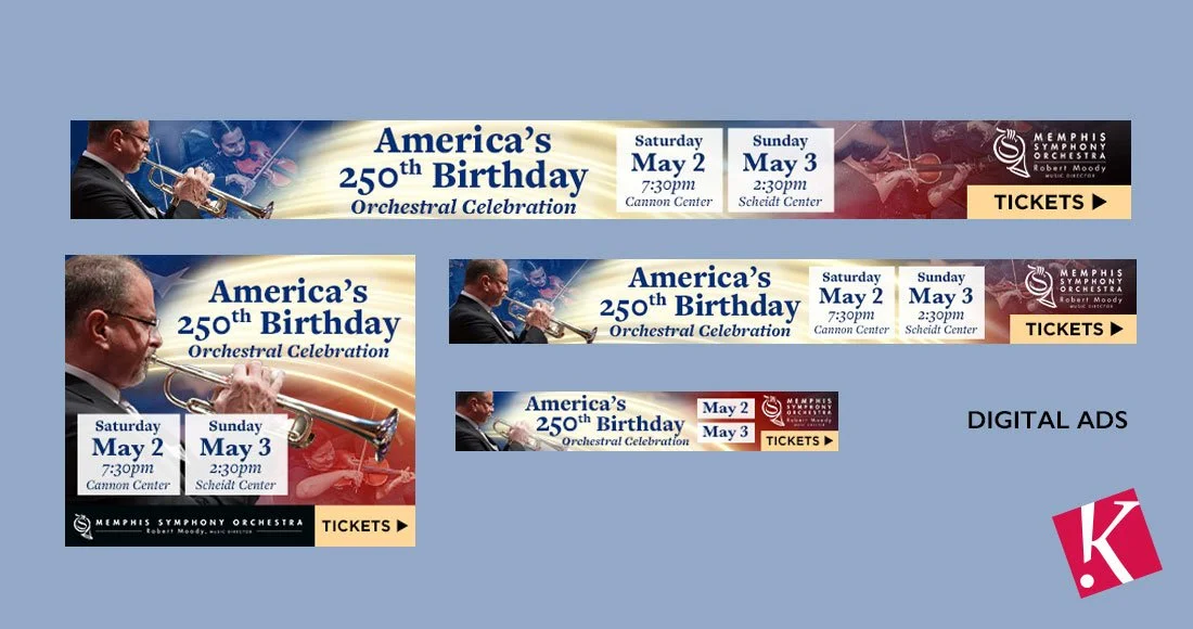 MSO America's 250th Birthday Orchestral Celebration display ad designs