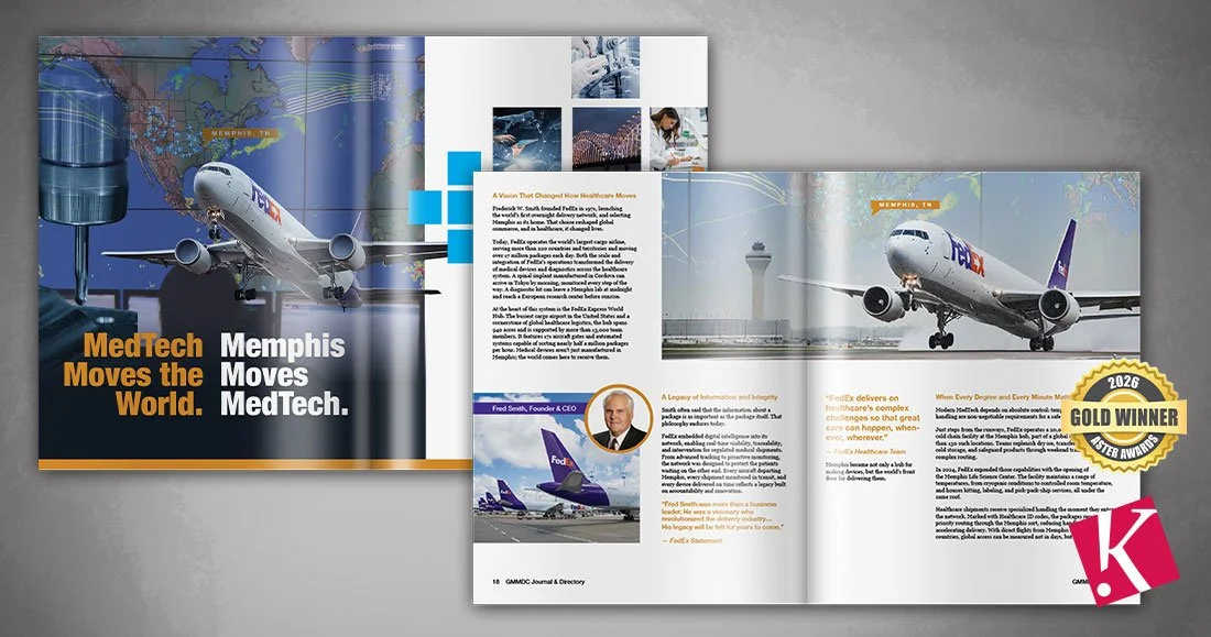 Greater Memphis Medical Device Council Journal &amp; Membership Directory FedEx article first two spreads mockup
