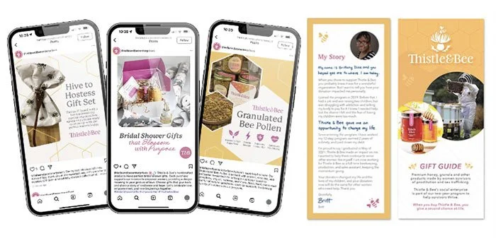 Thistle & Bee social media post mockups and Gift Guide brochure