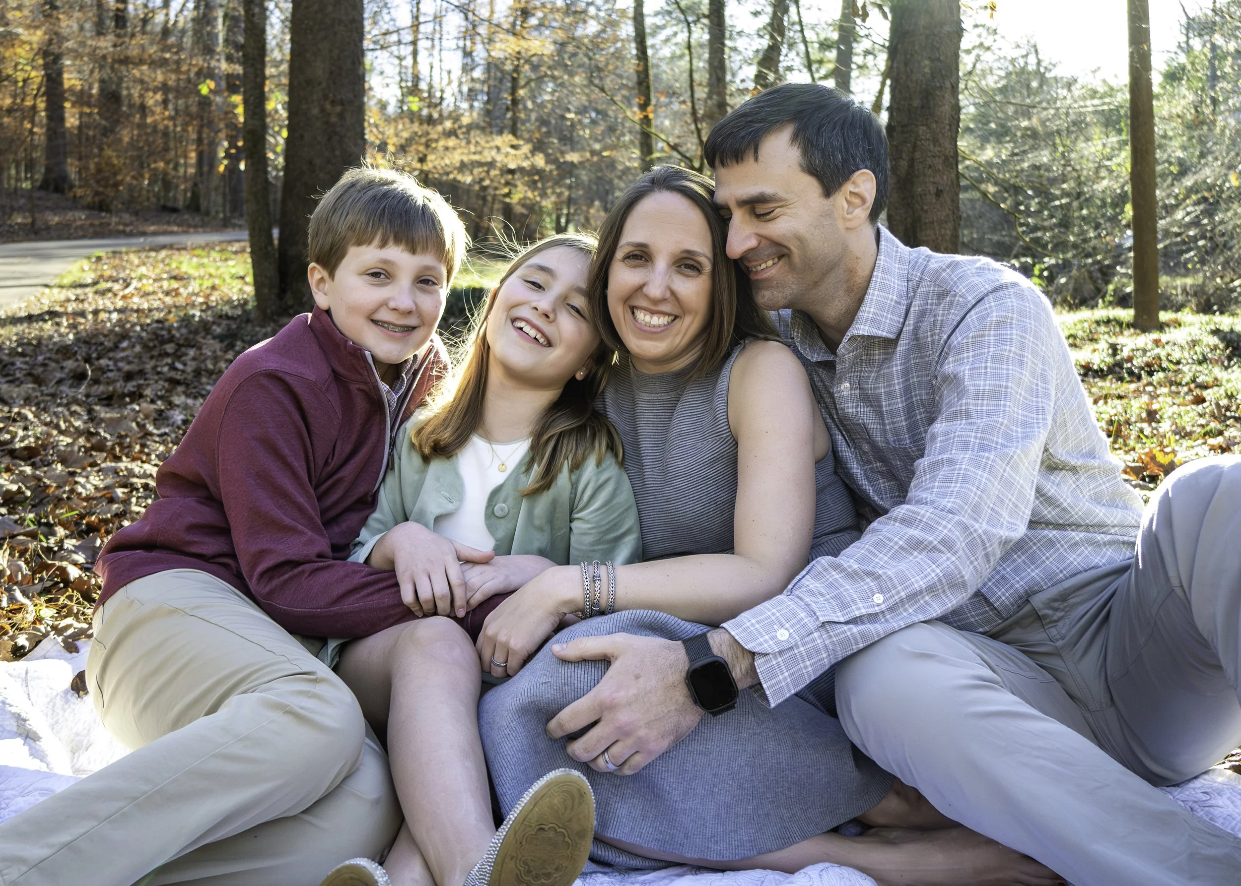 Candid family photo at Jemison Trail in Mountain Brook during a relaxed fall family photography session.
