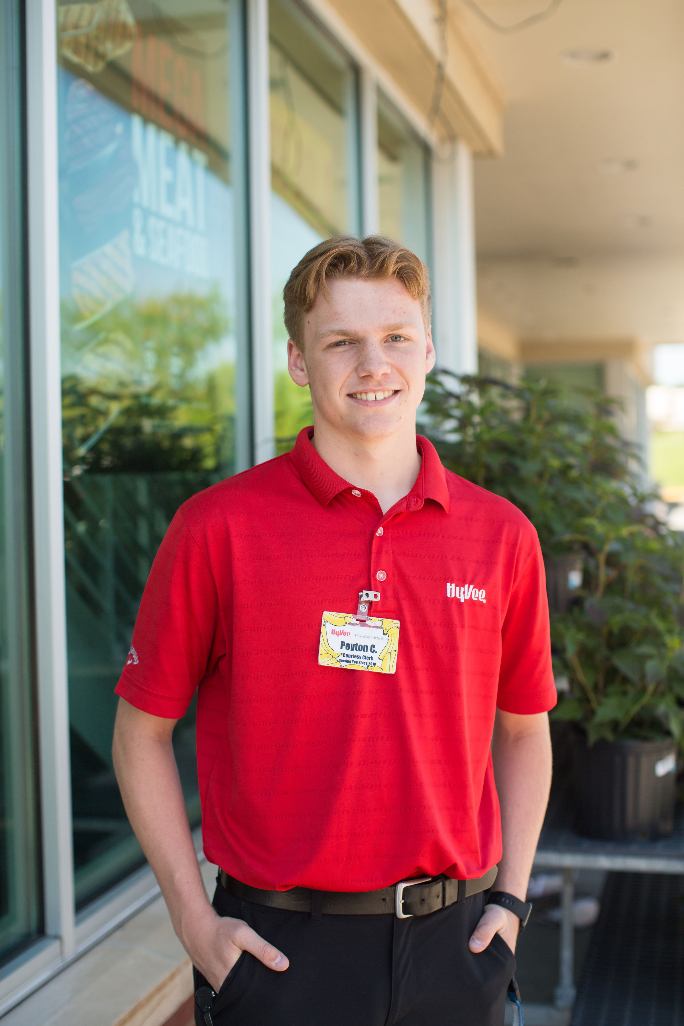Peyton Chapman, a 16-year-old courtesy clerk at Hy-Vee, said it took him a couple of months to get comfortable chatting with customers.
