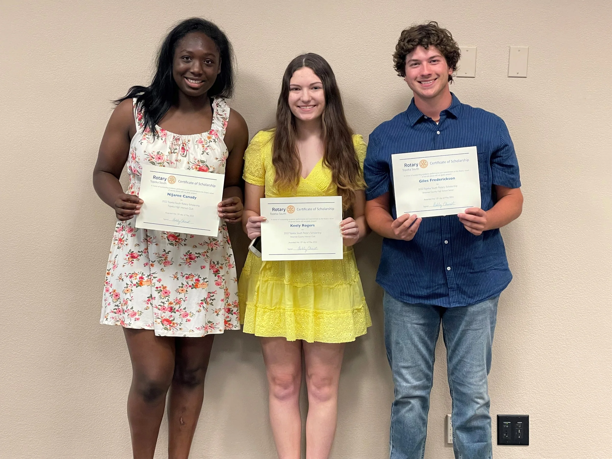 Topeka South Rotary Introduced Three Scholarship Winners