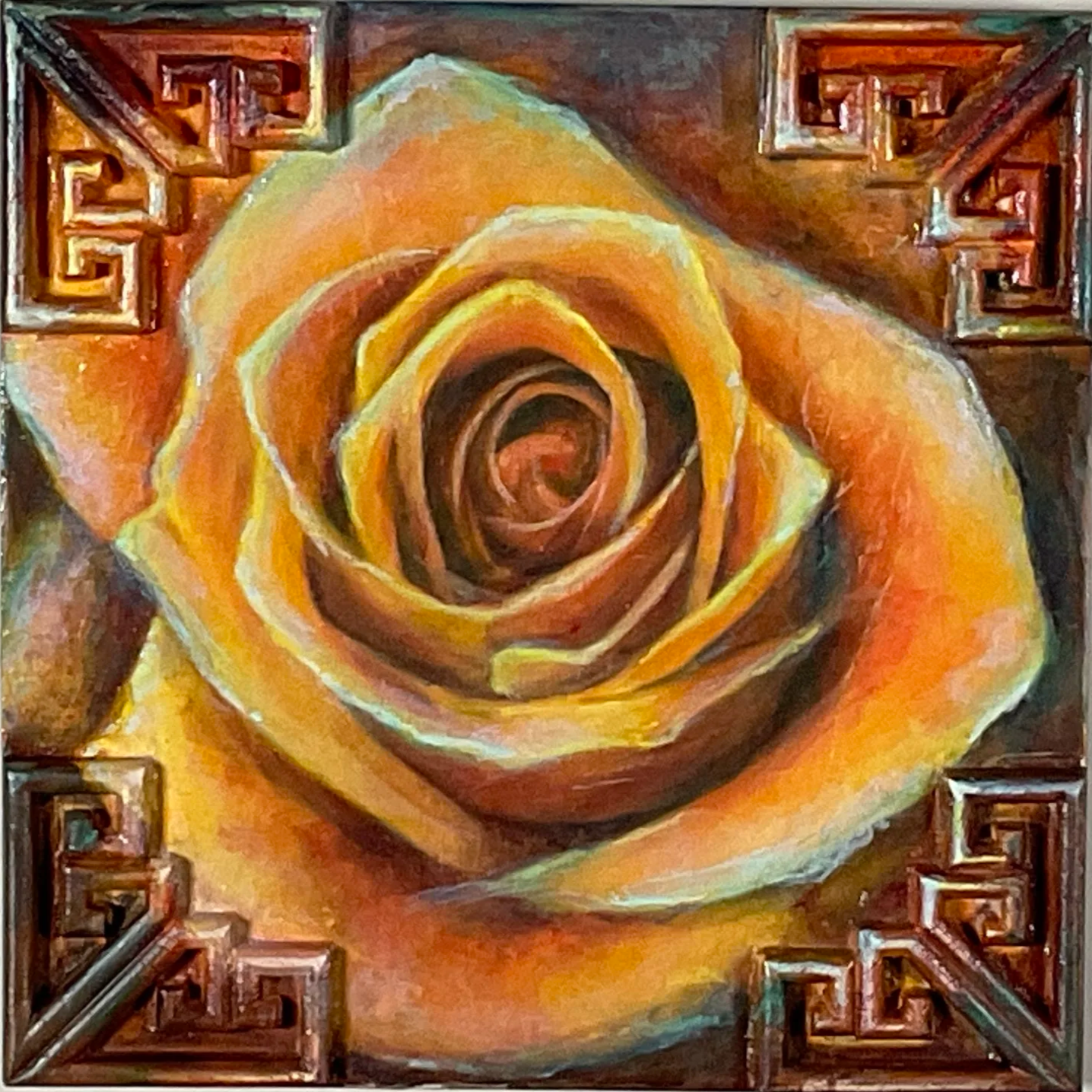 GOLDEN AMBER ROSE  |  ACRYLIC AND MIXED MEDIA ON WOOD PANEL  |  8 X 8 X 1"  |  2026