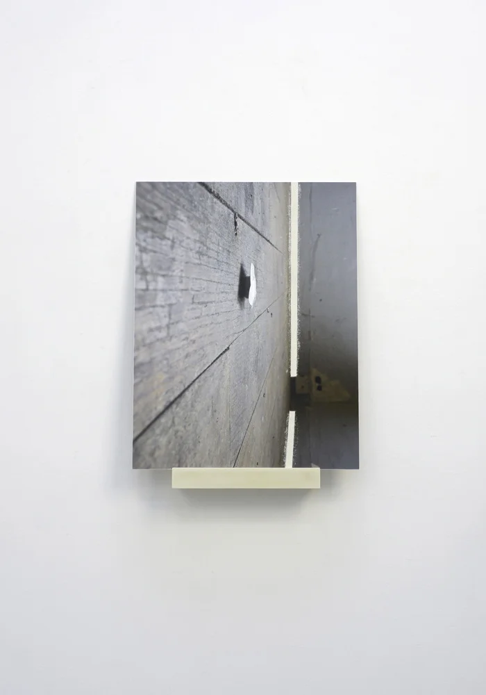 Geometria Concretus (12-46), pigment print mounted on aluminum, gouache, silica, cast polyurethane, hardware, 2012, panel: 22 x17”, shelf: 3 x 11 x 3”