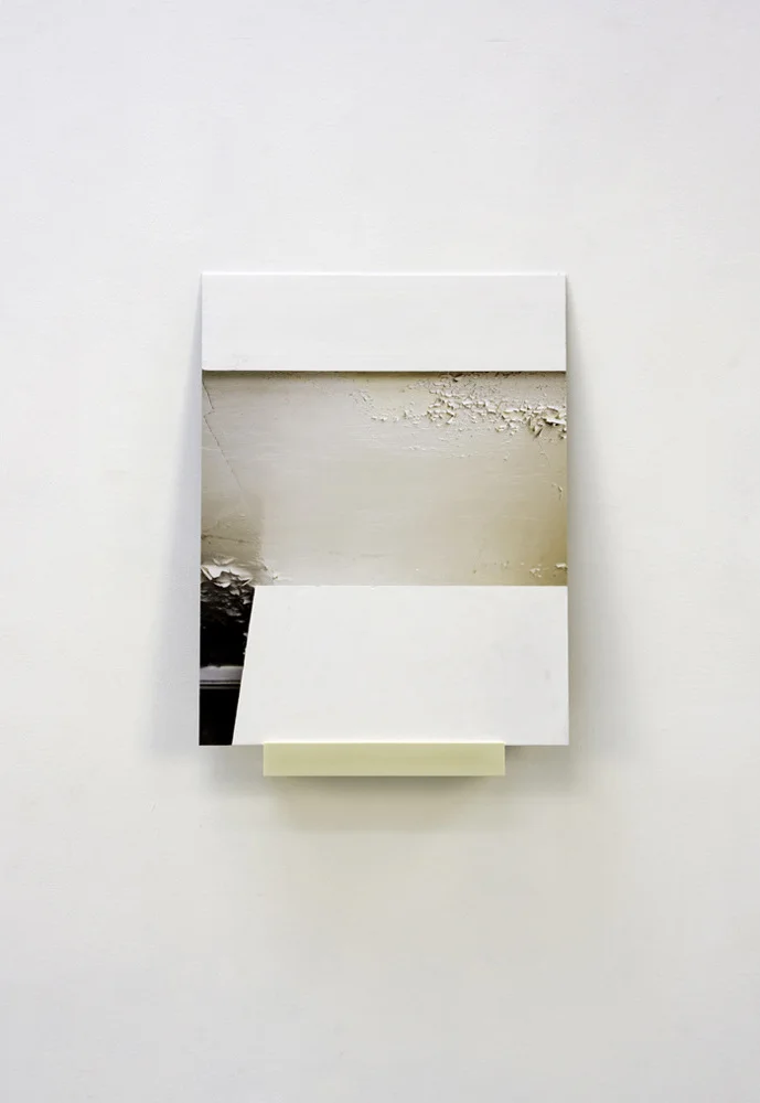 Geometria Concretus (14-04), pigment print mounted on aluminum, marble dust, acrylic binder, cast polyurethane, hardware, 2014: panel: 22 x17”, shelf: 3 x 11 x 3”