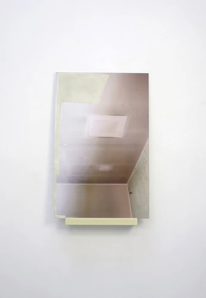 Geometria Concretus (12-50), pigment print mounted on aluminum, gouache, acrylic binder, silica, cast polyurethane, hardware, 2012, panel: 22 x 34”, shelf: 3 x 16 x 3”