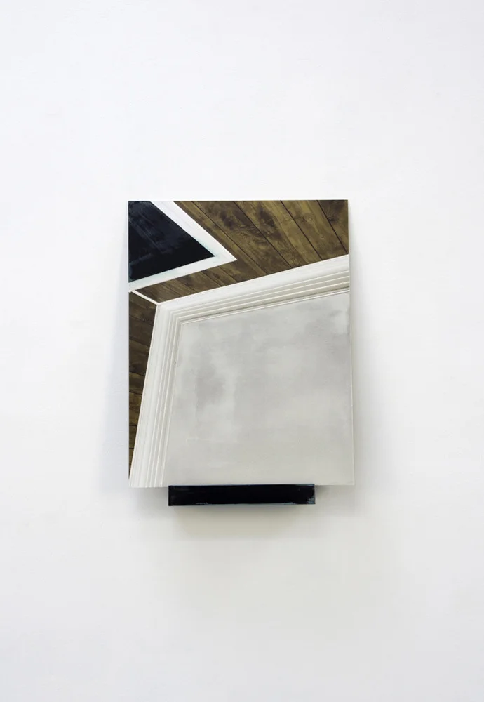 Geometria Concretus (14-07), pigment print mounted on aluminum, mica powder, bronze powder, acrylic binder, cast polyurethane hardware, 2014: panel: 22 x17”, shelf: 3 x 11 x 3”