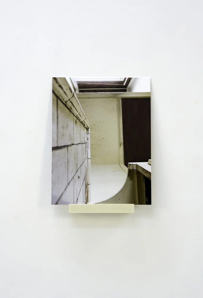 Geometria Concretus (14-05), pigment print mounted on aluminum, bronze powder, acrylic binder, cast polyurethane hardware, 2014: panel: 22 x17”, shelf: 3 x 11 x 3”