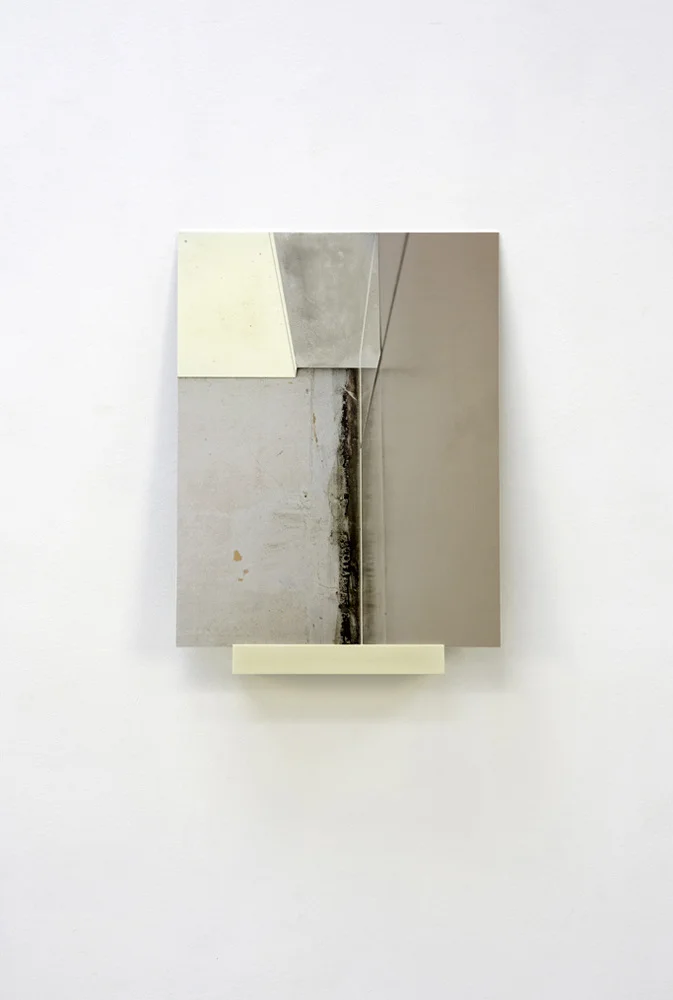 Geometria Concretus (14-06), pigment print mounted on aluminum, marble dust, mica powder, acrylic binder, cast polyurethane, hardware, 2014: panel: 22 x17”, shelf: 3 x 11 x 3”