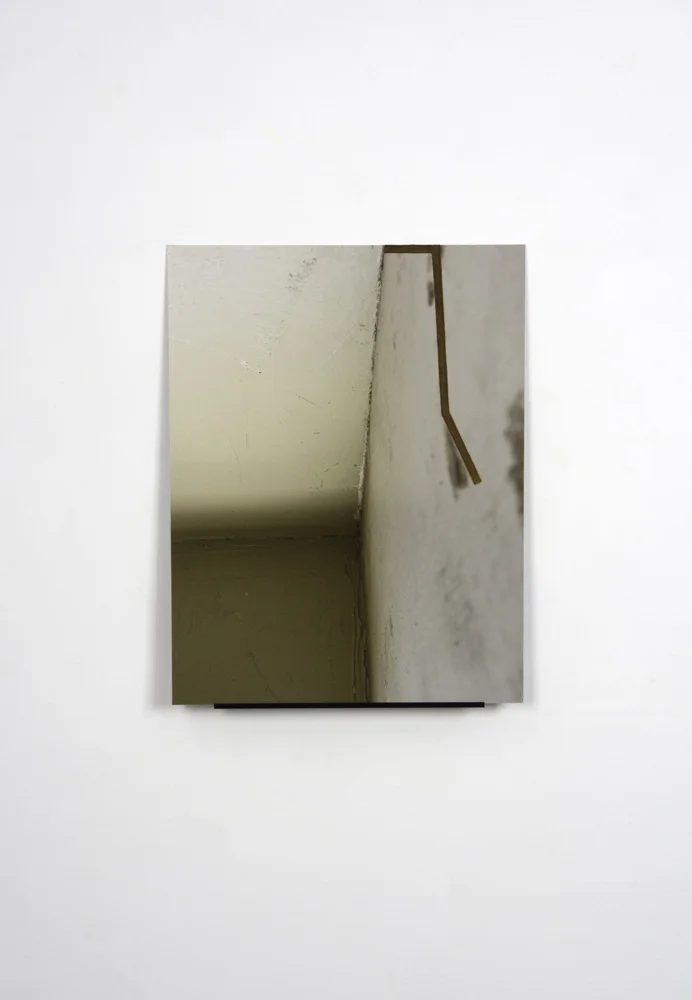 Geometria Concretus (14-25), pigment print mounted on aluminum, steel powder, acrylic binder, wood, polyurethane, 2014: panel: 22 x17”, shelf: 1.5 x 13 x 1.75”