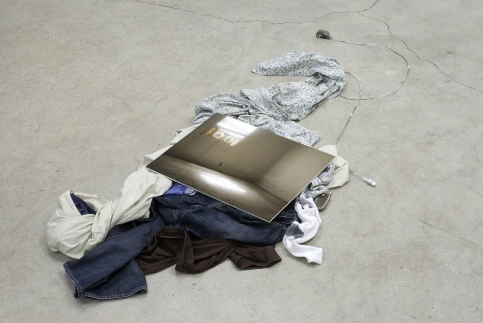 Recinere (Cell Phone), 4” x 84” x 48”, pigment prints mounted on aluminum, clothing, paper, glue, 2010