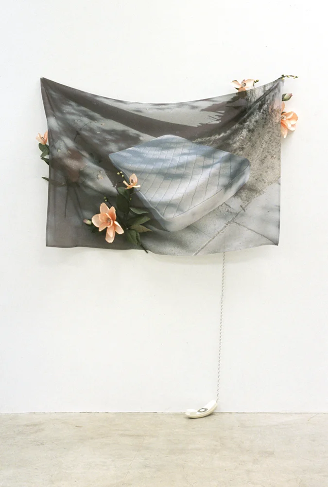 Ad Hunc Locum (Magnolias), 80" x 63" x 6", pigment print on fabric, artificial flowers, Slimline rotary telephone, 2004