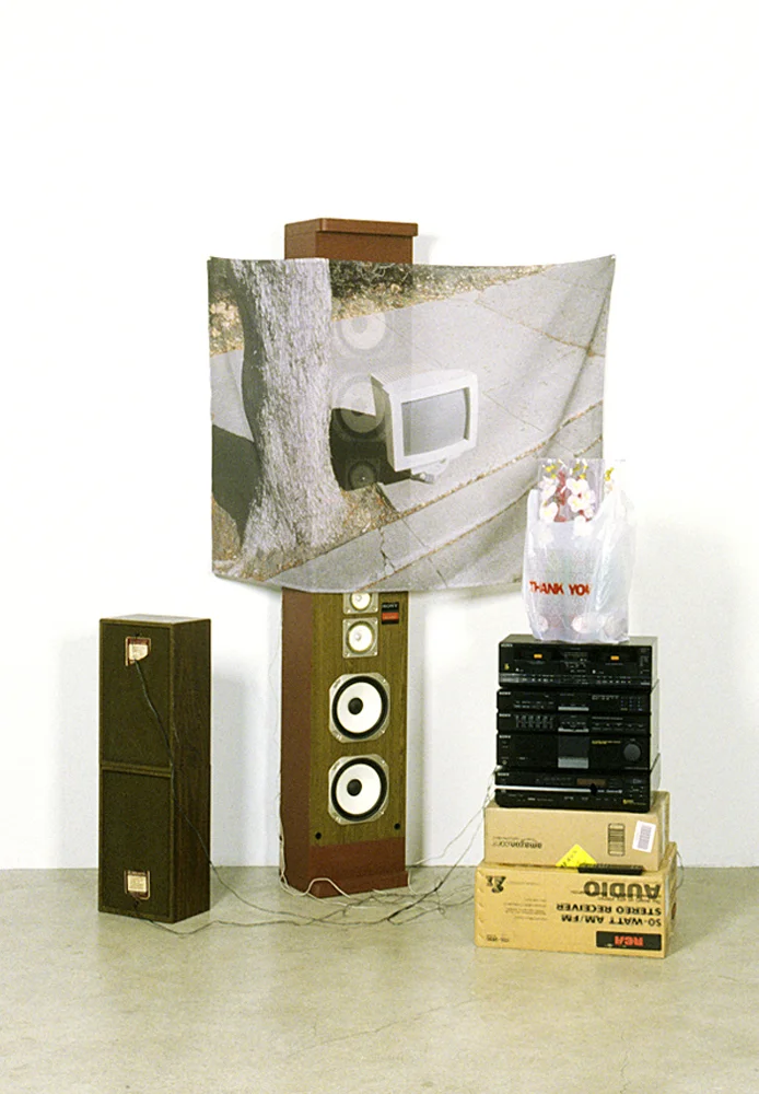 Ad Hunc Locum (Complete Audio System), 80.5" x 67" x 40", pigment print on fabric, stereo system with four speakers, cardboard boxes, artificial orchids, plastic bag, 2005