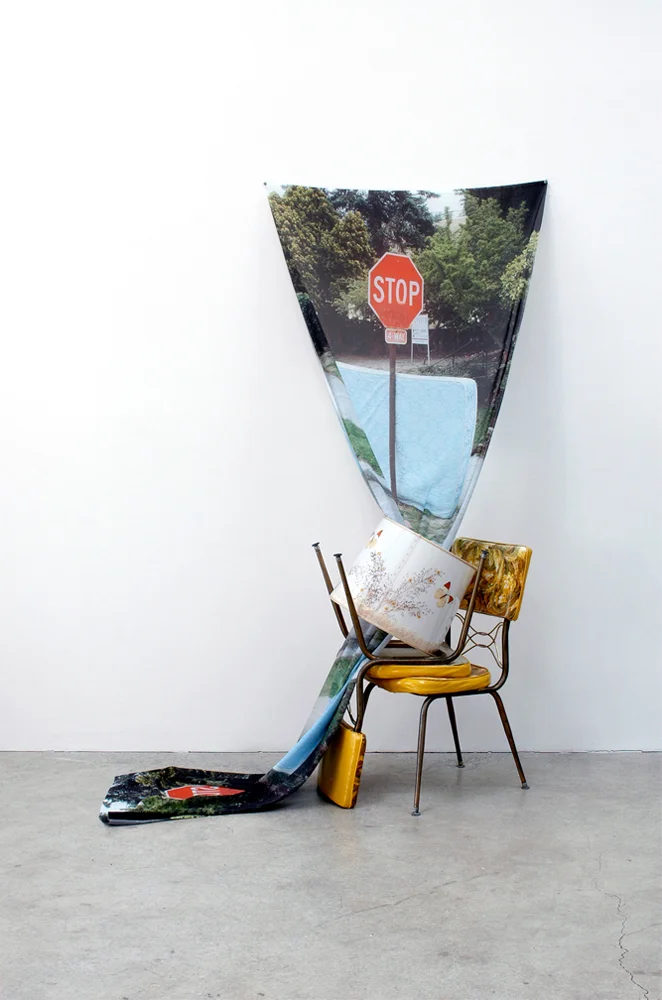 Ad Hunc Locum (Two Chairs), 82" x 60" x 32", pigment print on fabric, kitchen chairs, lampshade, 2006