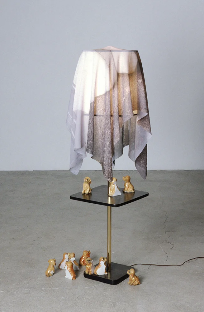 Ad Hunc Locum (Puppies), 57" x 24" x 20", pigment print on fabric, floor lamp, resin figurines, plaster, 2005