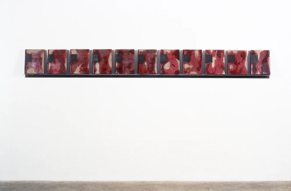 Decem Anni (Decade), 12" x 109" x 4 1/4", books, resin, steel wool, steel, 1992