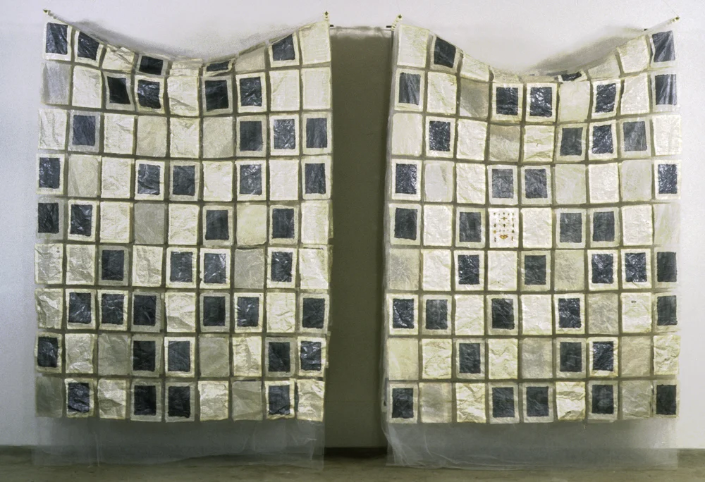 Editio Vulgata (Websters Student Dictionary), 104" x 144" x 30", book pages, tulle, silk tissue, glue, paint, steel, 1994