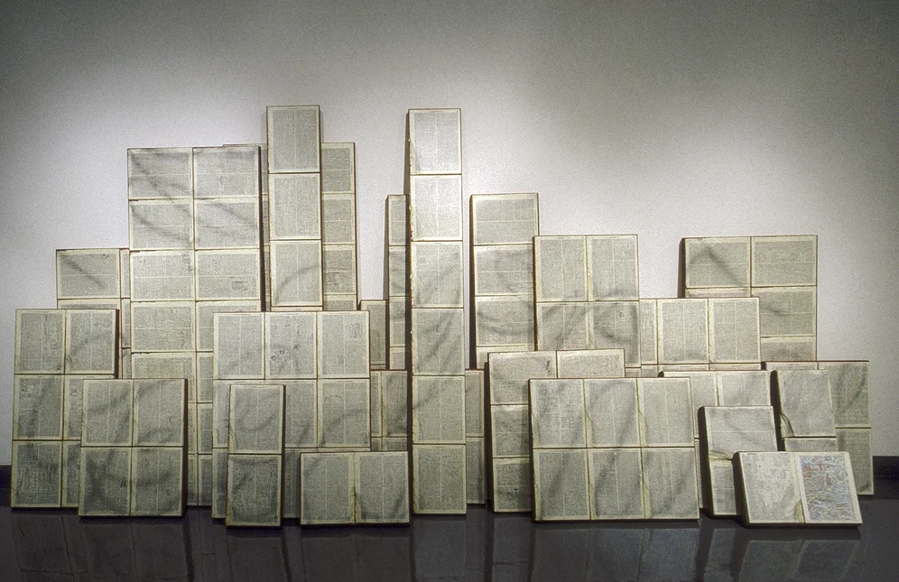 In Toto (Cursive to Britannicia), 109" x 19'6" x 22", book pages, wood, fabric, glue, graphite, 1994
