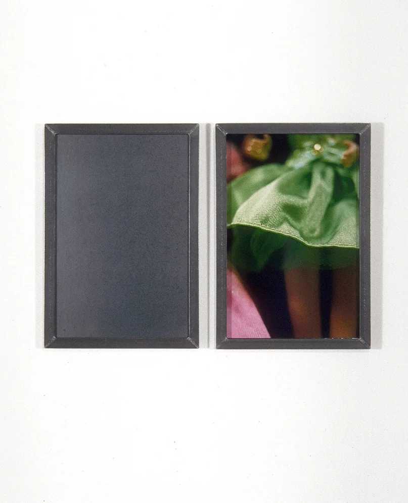 Duo (Green Dress and Pink Corner), 10 3/4" x 15 1/8", steel, color photograph, glass, 1996