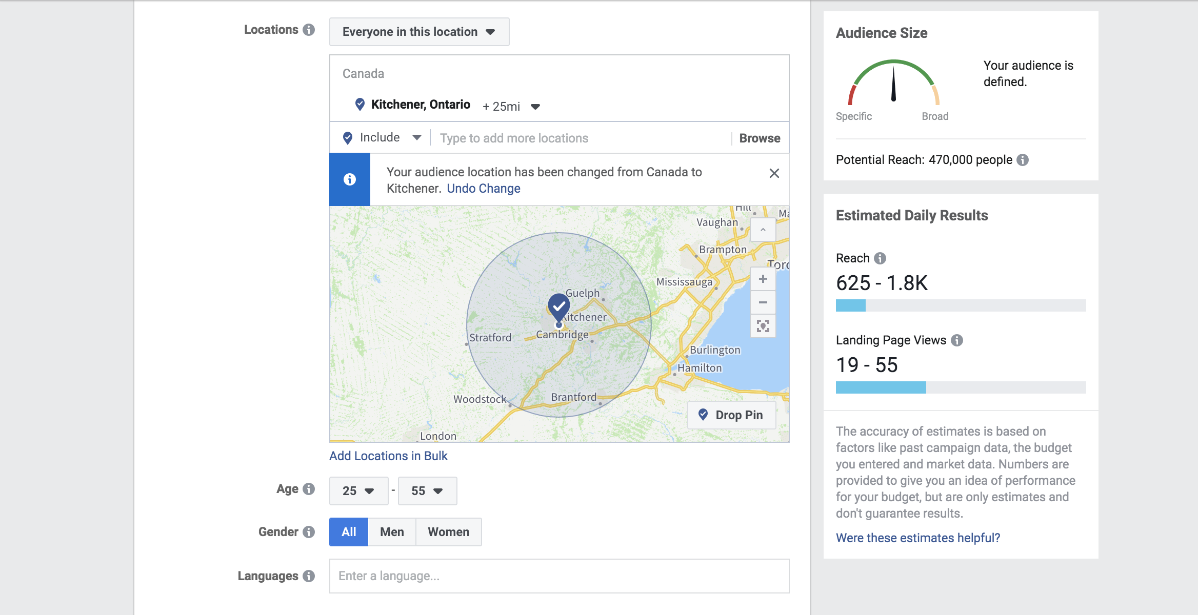 Example of a Facebook ad targeting users in Kitchener, Ontario
