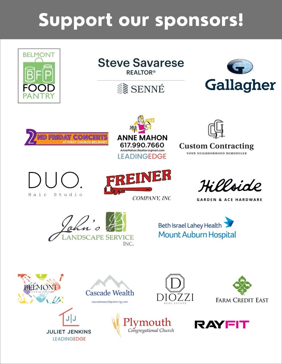 A sign that says "Support our sponsors!" with all 18 logos