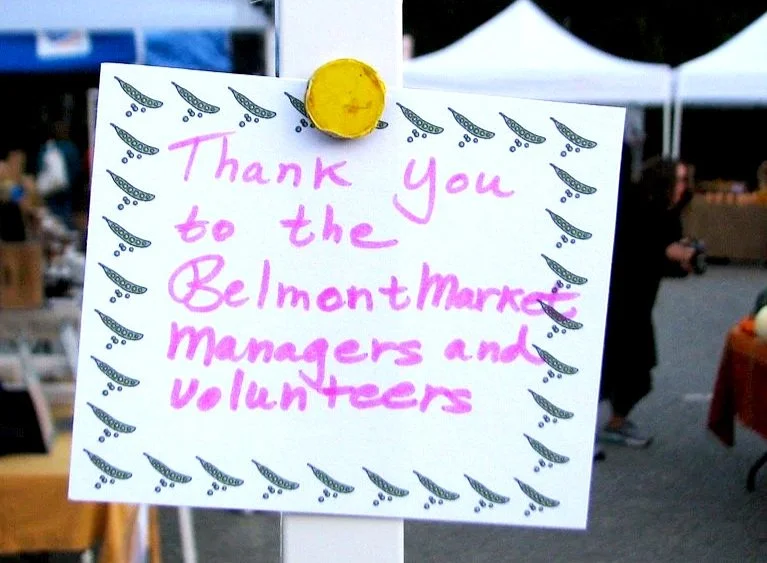 A handwritten note: "Thank you to the Belmont Market managers and volunteers"