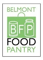 Belmont Food Pantry logo: A stylized shopping bag with the letters BFP on cans and jars