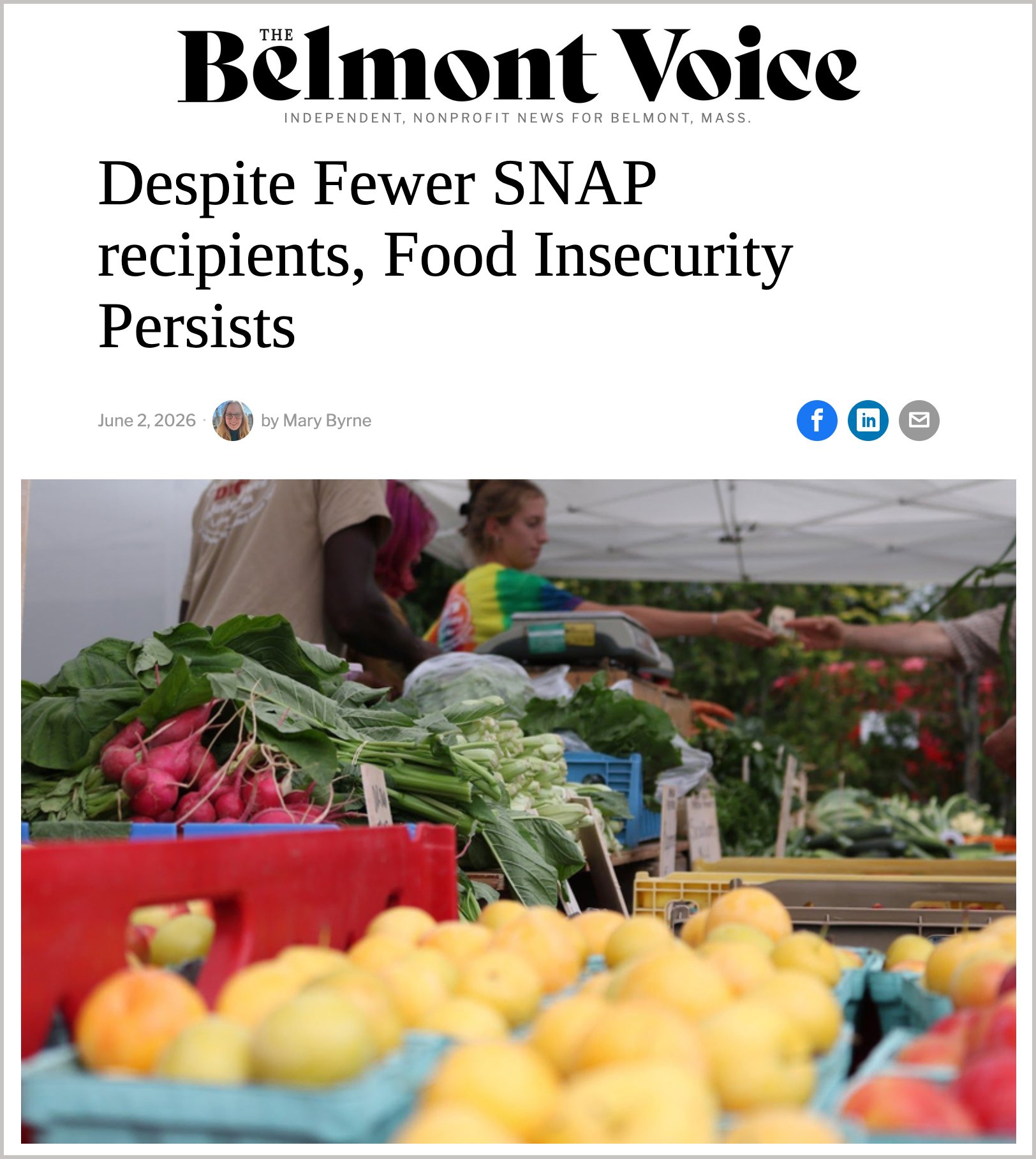 Newspaper story with the headline ("Despite fewer SNAP recipients, Food Insecurity Persists") and a photo of produce